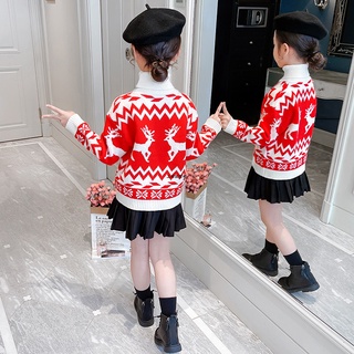 Listo Stock _ 2021 Nuevo Estilo Niñas Cuello Alto Térmico Suéter De Navidad Rojo Prendas De Punto Versión Coreana Niños Ropa De Invierno Tops (1)