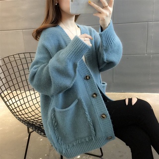 Chaqueta de suéter de borla de Color sólido de estilo inactivo para mujer 2021 otoño e invierno nuevo estilo coreano cárdigan de punto suelto de un solo pecho para mujer