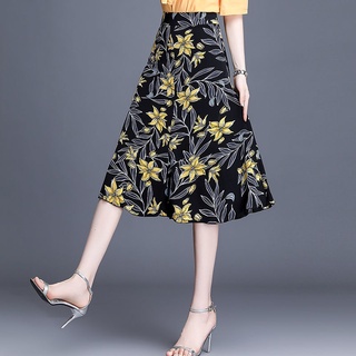 Falda floral floral Falda plisada de una línea de longitud media para mujer Falda larga de gasa de cintura alta de primavera y verano (3)