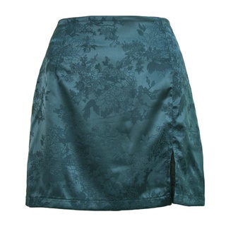 Women's Summer Elegant Jacquard Satin Short Skirt y High Waist Mini Skirt Retro Zipper Skirt Dark Green L Size