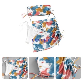 PEN Women Sexy 3pcs Bikini Set Colorful Tie-Dye Print Strapless Ruched Drawstring Swimsuit with High Waist Mini Beach Skirt Cover Up Bathing Suit