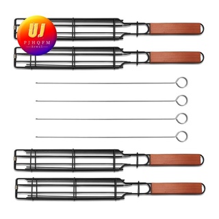 Set of 4 BBQ Grill Tools Set,Stainless Steel BBQ Grill with Lockable Grid&Wood Handle,Grilling Basket,Barbecue Skewers