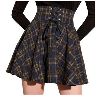 Women Fashion Retro Punk Plaid Print Skirt Strap Zipper Short Skirt (3)
