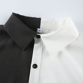muse mujer goth media manga vestido de solapa negro blanco color bloque botón blusa suelta (6)