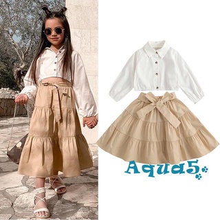 Aqq-2pcs estilo dulce niñas traje, niño de Color sólido manga larga solapa de un solo pecho camisa + dobladillo ancho de media falda larga