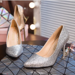 Mz zapatos de boda de las mujeres de plata de tacón alto lentejuelas puntiagudo Stiletto cristal zapatos de dama de honor novia boda gradiente zapatos (7)