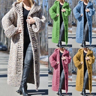 abrigo de invierno de las señoras casual algodón mezcla abrigo con capucha grueso de punto largo cardigan