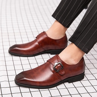 Tamaño 39-46 hombres Formal cuadrado dedo del pie zapatos de cuero de negocios Brogues Monk correa zapatos rojo