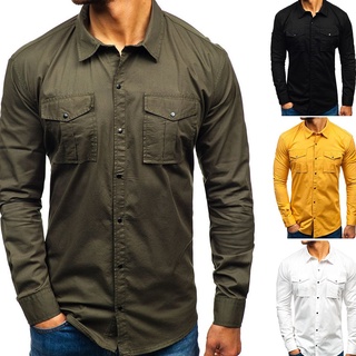 predowhen hombres color sólido multi-bolsillos slim fit manga larga turn down cuello camisa top
