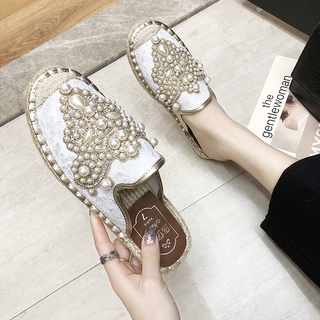 Media zapatillas mujer de fondo plano Baotou primavera y verano 2021 nueva moda exterior desgaste sandalias y zapatillas zapatillas rhinestone zapatos de pescador