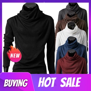 smiles11 Chic Men Solid Color Heap Collar Long Sleeve Pullover Bottoming Top Slim T-shirt