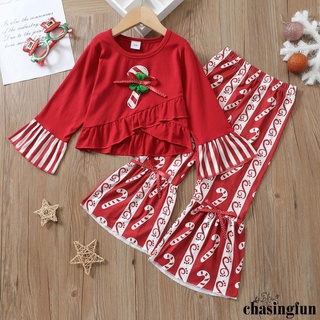 Chf-2pcs niños niñas trajes de navidad, manga larga caramelo caña volantes Tops + Flare pantalones conjunto