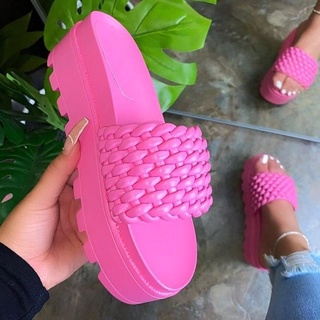 sandalias de verano abierto del dedo del pie medio tacón de moda tejida zapatillas de color sólido al aire libre zapatos de las mujeres más el tamaño 43