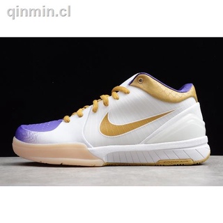 ▤♞4344335-171 Mens Nike Zoom Kobe 4 ZK4 White/Metallic Gold-Purple Running Sports Sneakers