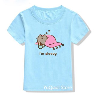 Alta calidad de los niños camisetas divertido sueño Pusheen gato impresión camiseta de verano ropa de bebé niños niñas rosa/amarillo/azul/verde niño camiseta (2)