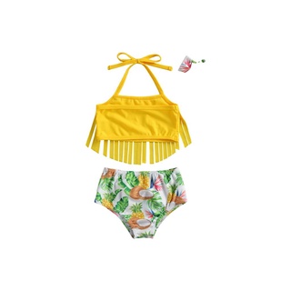 ♀Qg✲Traje de baño de tres piezas para niños con borla decoración arco diadema de frutas tropicales impresión ropa de mar (7)