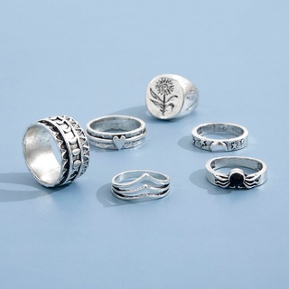 conjunto de anillos de flor de estrella de corazón de luna de serpiente de aleación de plata a la moda para mujer (6)