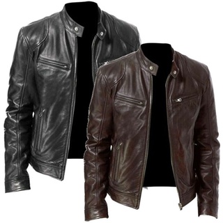 Men Vintage Cool Motorcycle Jacket Leather Long Sleeve Autumn Winter Coat Stand Collar Club Bomber Jacket