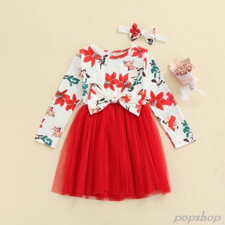 Pop 2Pcs niñas otoño vestido, Floral costura manga larga Casual gasa falda + banda de pelo para niños, 18 meses a 6 años