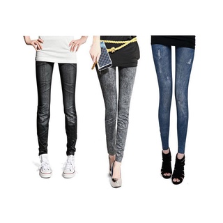 sy moda casual mujeres leggings faux denim jeans elástico flaco fondo pantalones