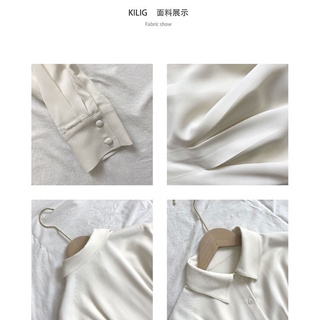 Primavera Y Otoño Coreano beige Manga Larga Plisada Cintura Adelgazar Camisa Vestido (6)