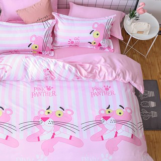 [hulianhome] Juego de ropa de cama de calidad de pantera rosa 4 en 1, funda de edredón suave y sábana con 2 fundas de almohada
