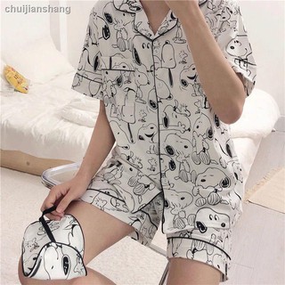 ¤Mujeres de estilo coreano verano Snoopy pijamas delgados de manga corta pantalones cortos Cardigan ropa de hogar traje (1)