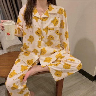 Pijamas Mujer Verano Manga corta suelta Lindo oso amarillo Ropa de hogar de primavera y otoño Traje