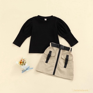 Laa6-2pcs niñas Color sólido acanalado linterna manga camiseta + Zip-Up falda corta traje