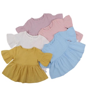❉Pj✭Tops de Color sólido para bebé, camisa de manga volantes de bebé niña Casual cuello redondo blusa