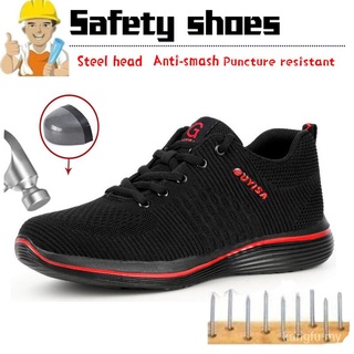 Zapatos de seguridad de malla tejida voladora zapatos de seguridad de los hombres anti-aplastamiento y anti-piercing de acero dedo del pie zapatos EVA de suela ligera cómoda seguridad zapatos de trabajo G3ey