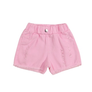Kris-Toddler verano Ripped Jeans, bebé niñas Color sólido deshilachado crudo dobladillo cortos con bolsillo, cinturón de lazo