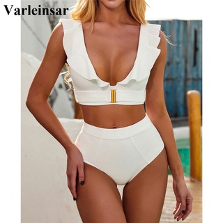 Mujer traje de baño de cintura alta Bikini 2020 volantes blanco mujeres trajes de baño de dos piezas Bikini conjunto de cintura alta bañador traje de baño V2279