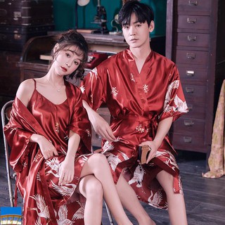 [en stock] traje de pareja de gran tamaño pijamas primavera, verano y otoño largo vestido de noche vestido de vestir simulación seda albornoz sexy servicio en casa kimono
