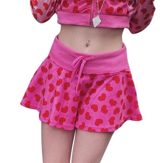 Tiempo mujeres gótico Punk cintura alta cordón una línea Mini falda Harajuku dulce rosa corazón impresión Kawaii terciopelo plisado Streetwear (9)
