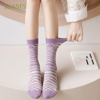 JUANES Sweet Women Cotton Socks Trendy Stripe Korean Tube Socks Japanese College Style Flower Streetwear Purple Leopard Breathable Hosiery