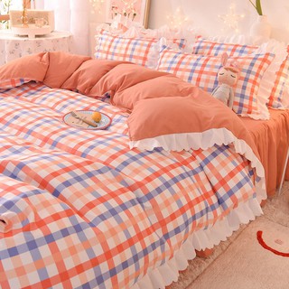 🔥Venta 🔥Coreano chica corazón cama falda 4in1 ropa de cama estilo princesa engrosado cepillado 4 piezas sábana de cama (7)
