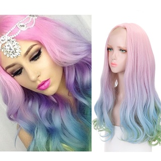 allaosify sintético largo ondulado lolita cosplay peluca rosa azul verde degradado color natural anime pelucas para las mujeres