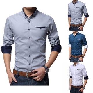 andfindgi moda hombres color sólido manga larga cuello de vuelta camisa slim fit blusa top (1)