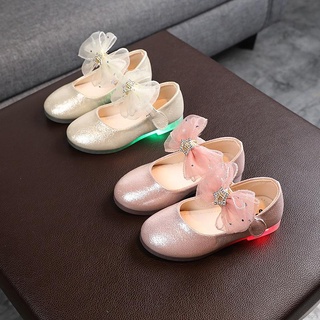 Bobora niñas moda pequeños zapatos de cuero LED luces cristal suela suave danza princesa zapatos