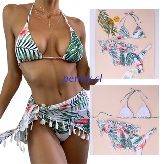 PEN Women Sexy 3pcs Bikini Set Halter Brazilian Swimsuit with Tassel Beach Sarong Wrap Skirt Boho Leaves Print Bathing Suit