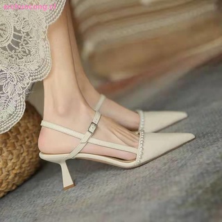sandalias mujer 2021 verano moda temperamento perla salvaje palabra hebilla con estilo de hadas blanco tacón alto zapatos