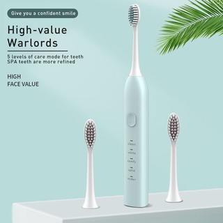 【En stock】 Cepillo de dientes eléctrico IPX7 a prueba de agua con 3 cabezales de cepillo Cepillo de dientes recargable USB automático de cinco velocidades (1)