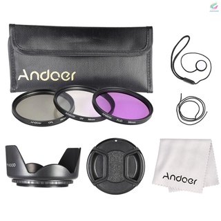 Fy Andoer Kit de filtro de 58 mm (UV+CPL+FLD) + bolsa de transporte de nailon, tapa de lente, soporte para tapa de lente, capucha de lente, paño de limpieza de lente