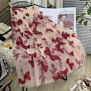Fahsion mujeres bordado mariposa tul malla falda completa elástica cintura alta 3 capas plisado Maxi vestido largo