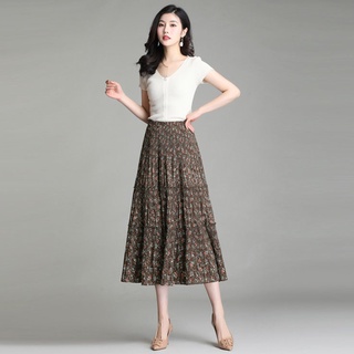 Falda de gasa floral de primavera y verano, cintura alta, longitud media, falda grande en forma de A, drapeada y elegante