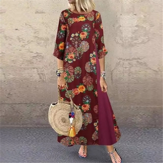 Wanita Baru Fesyen Vintaj Fesyen Bohemian Pakaian Bunga Kasual O Leher Separuh Lengan Kapas Linen Pakaian Panjang (5)