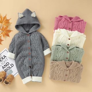 [XHSA]-Newborn Baby Girls Boys Winter Warm Knit Outwear Sweater Hooded Romper Jumpsuit