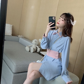 Estilo coreano camisa vestido costuras manga larga botones cintura cintura mirada delgada solapa