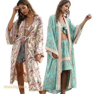 maxin mujeres boho estampado floral largo kimono cardigan abierto frontal suelto blusa camisa llamarada manga fajas playa trajes de baño cubrir